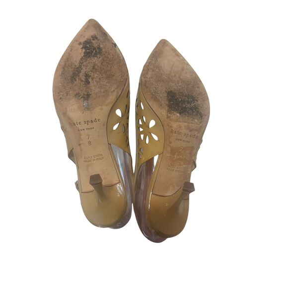 Kate Spade Heels Sandals Women 7B Jacey Shoes Nude Brown Patent Laser Slingback - Picture 16 of 16